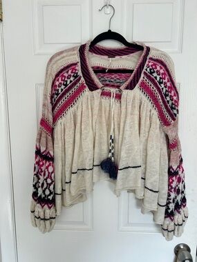 Linen Free People Boho Cardigan with Ruffle Sleeves + Pink Fair Isle Accents